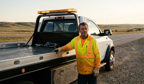Tow truck operator in a high-visibility shirt standing beside a white flatbed rollback tow truck on a rural highway shoulder