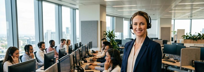 Call center supervisor overseeing answering service agents wearing headsets at workstations