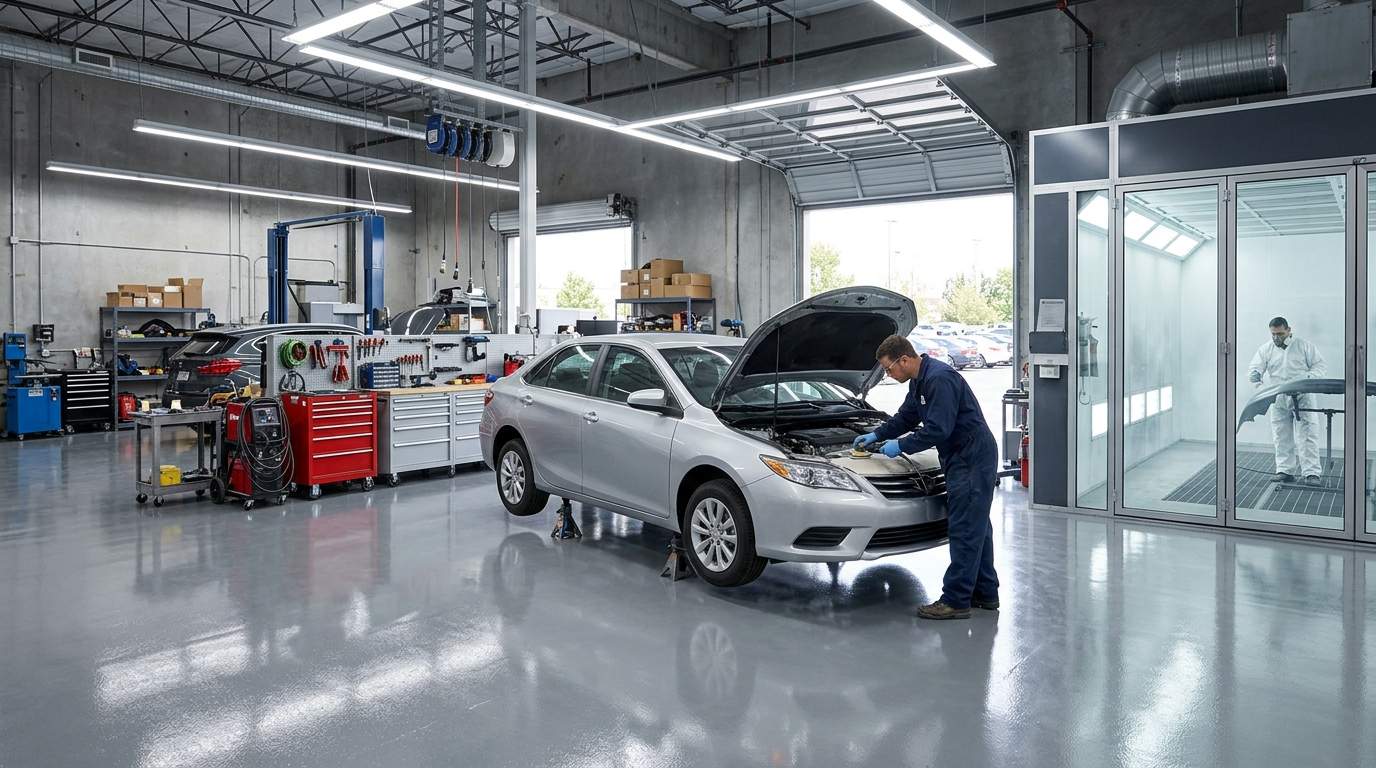 Professional auto body shop technician working in a modern collision repair facility with paint booth visible