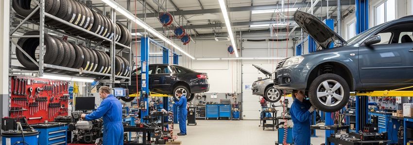 Professional auto mechanics working on vehicles in a well-equipped auto repair shop with hydraulic lifts