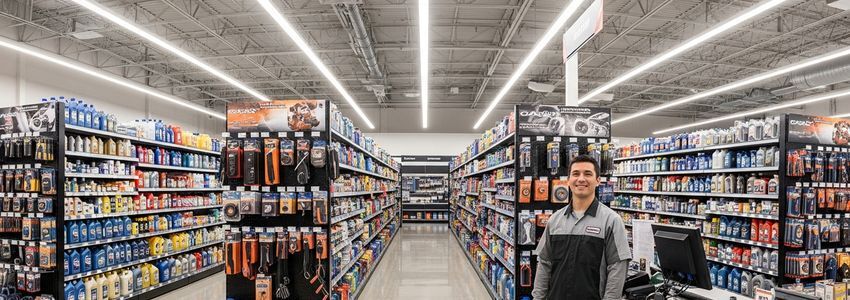 Auto parts store interior with well-stocked shelving and employee