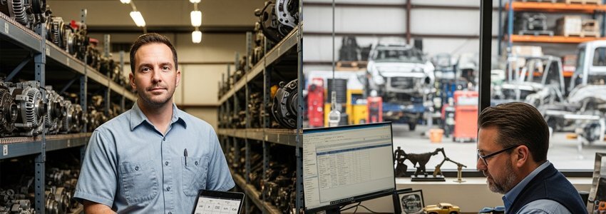 Auto salvage yard business professional reviewing loan documents