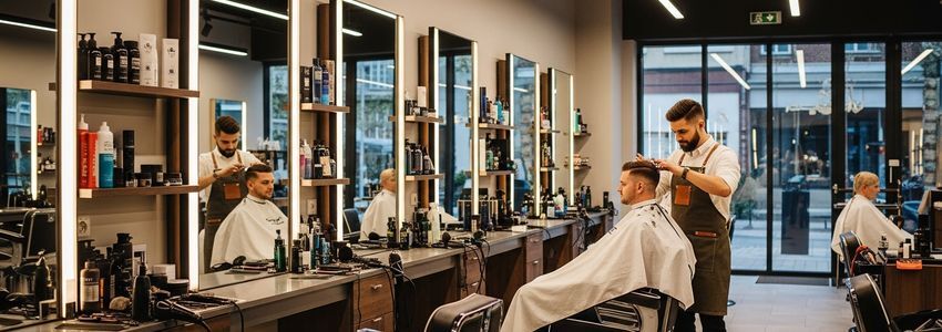 Professional barbershop interior with barber and client in modern shop