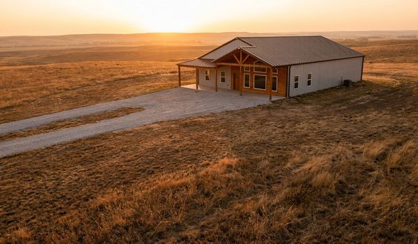 A newly built steel barndominium with a metal roof and wood-accented front porch on a rural business property at golden hour