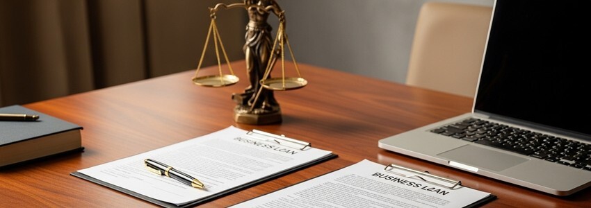 Law firm conference table with business loan documents and scales of justice