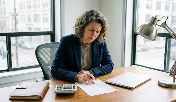 Small business owner reviewing a credit card statement at her office desk with a calculator and laptop