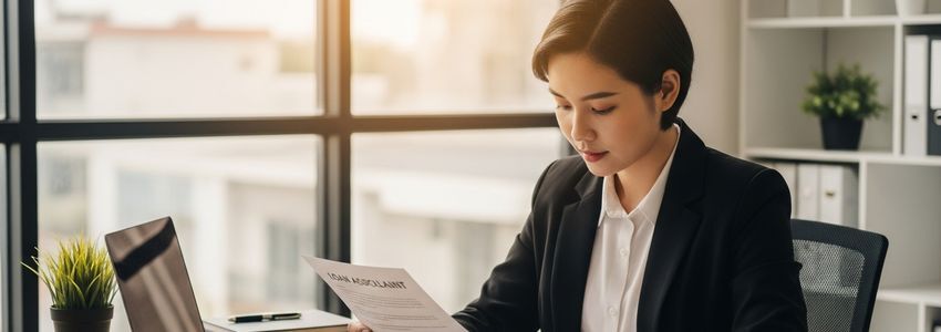 Business owner reviewing loan application documents at office desk