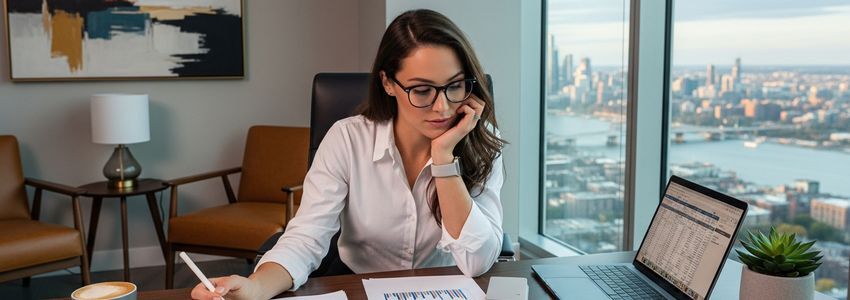 Business owner reviewing credit documents and financial reports at a modern office desk