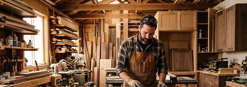 Cabinet maker operating a CNC router in a professional woodworking shop