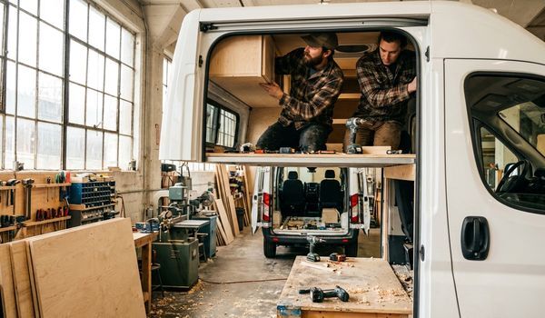Two technicians installing custom cabinetry inside a camper van at a professional conversion workshop