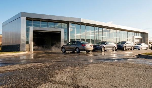 A modern express car wash facility with cars lined up at the tunnel entrance on a sunny day