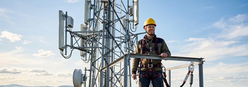 Telecom tower technician wearing safety harness and climbing equipment on a cell tower