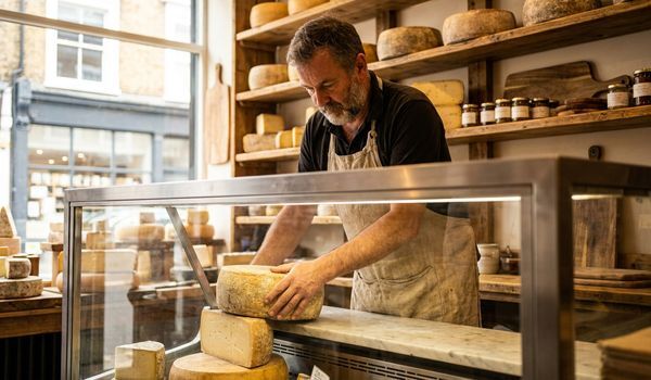 Cheese shop owner in a linen apron arranging artisan cheese wheels inside a refrigerated glass display case