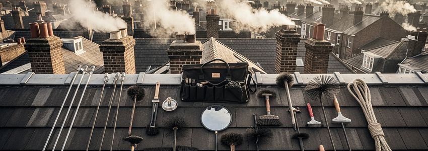 Professional chimney sweep tools including brushes, rods, and inspection equipment laid out on a rooftop with brick chimneys in background