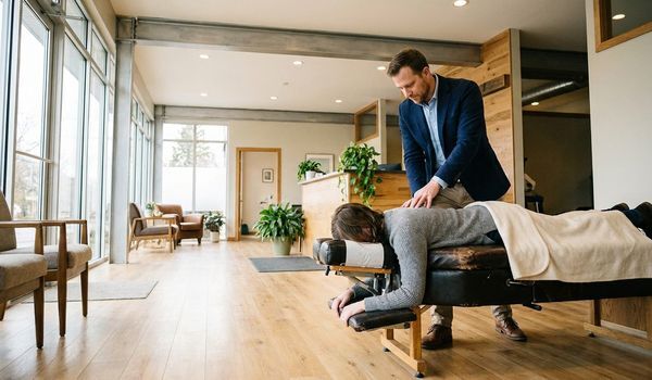 Chiropractor in a navy blazer performing a spinal adjustment on a patient at a modern chiropractic clinic with large windows and natural light