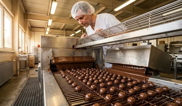 Worker in a white uniform and hairnet monitoring a commercial chocolate enrobing machine coating truffles on a stainless steel belt in a confectionery production facility
