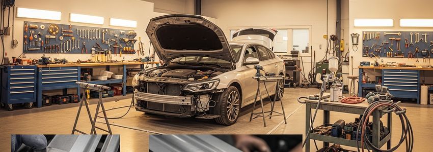 Professional auto body collision repair shop with vehicles being repaired
