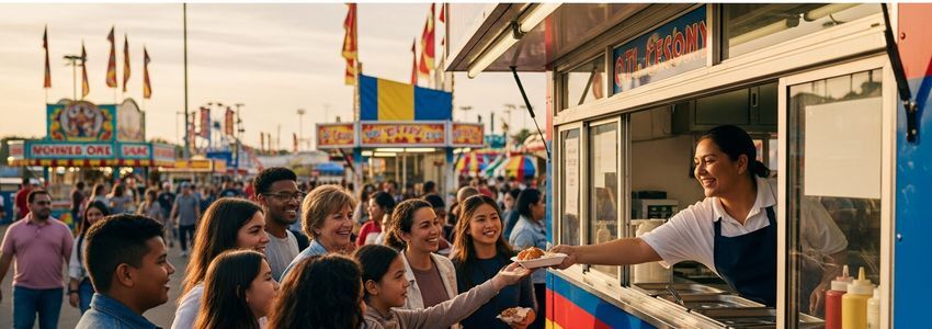 Concession stand owner serving customers at a busy fair or stadium booth