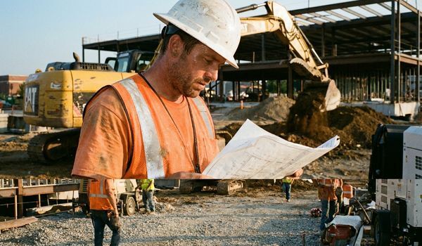 Construction contractor in a white hard hat and high-visibility vest reviewing a blueprint on an active construction site with an excavator and steel framing behind him