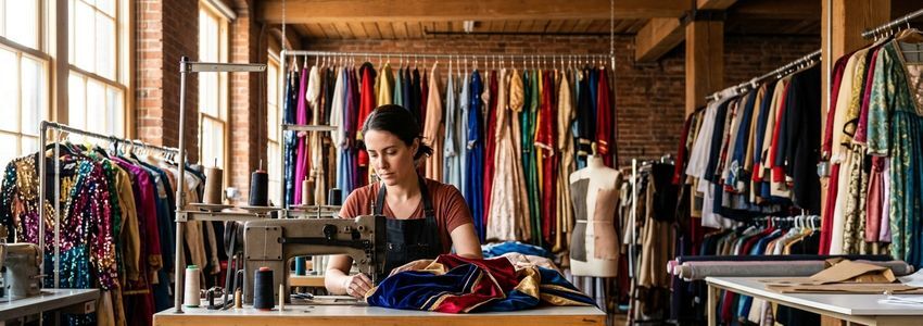 Costume shop seamstress working at an industrial sewing machine with colorful theatrical costumes on racks