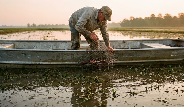 Crawfish farmer in work clothes and cap lifting a wire pyramid trap full of red crawfish from a flat-bottom boat on a flooded Louisiana pond at sunrise