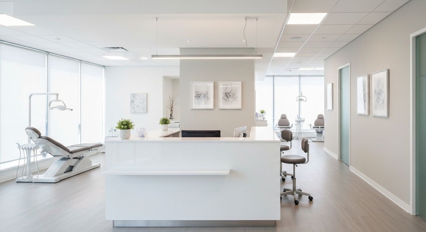 Modern dental clinic reception area with professional dental office furniture and bright clean environment