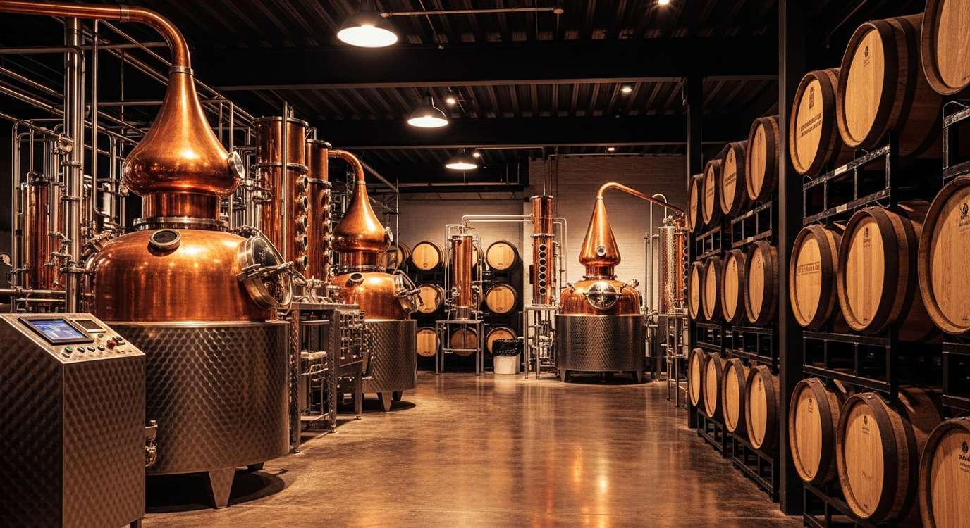 Craft distillery interior with copper pot stills and wooden barrel racks