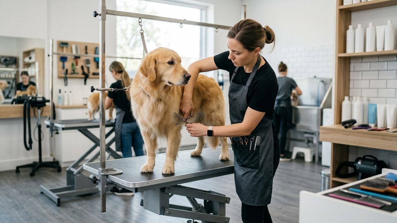 Professional dog groomer working with a golden retriever in a modern pet grooming salon