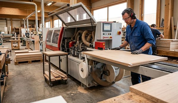 Woodworker operating an automatic edge banding machine in a cabinet manufacturing shop