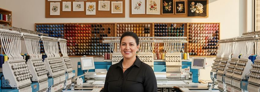 Embroidery business owner standing confidently in front of commercial embroidery machines with colorful thread spools