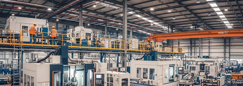 Modern manufacturing plant floor with CNC machinery and workers in safety gear