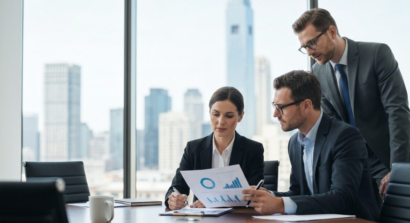 Business professionals reviewing financing options at a modern conference table
