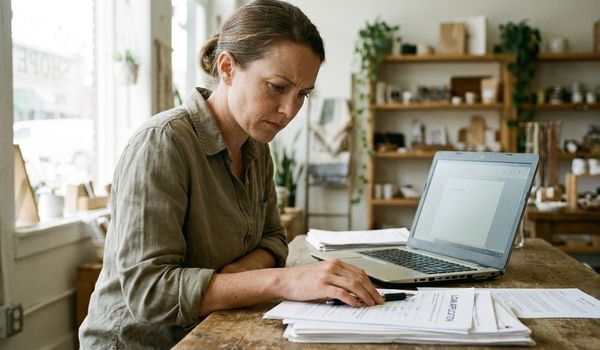 First-time small business owner reviewing loan application documents at a wooden desk in her retail shop