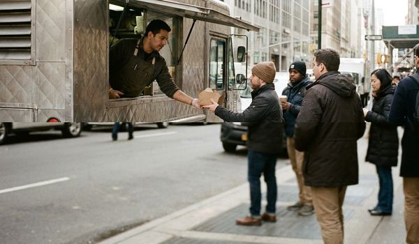 Food truck worker in a dark apron handing an order to a customer at the serving window of a stainless steel food truck on a city street