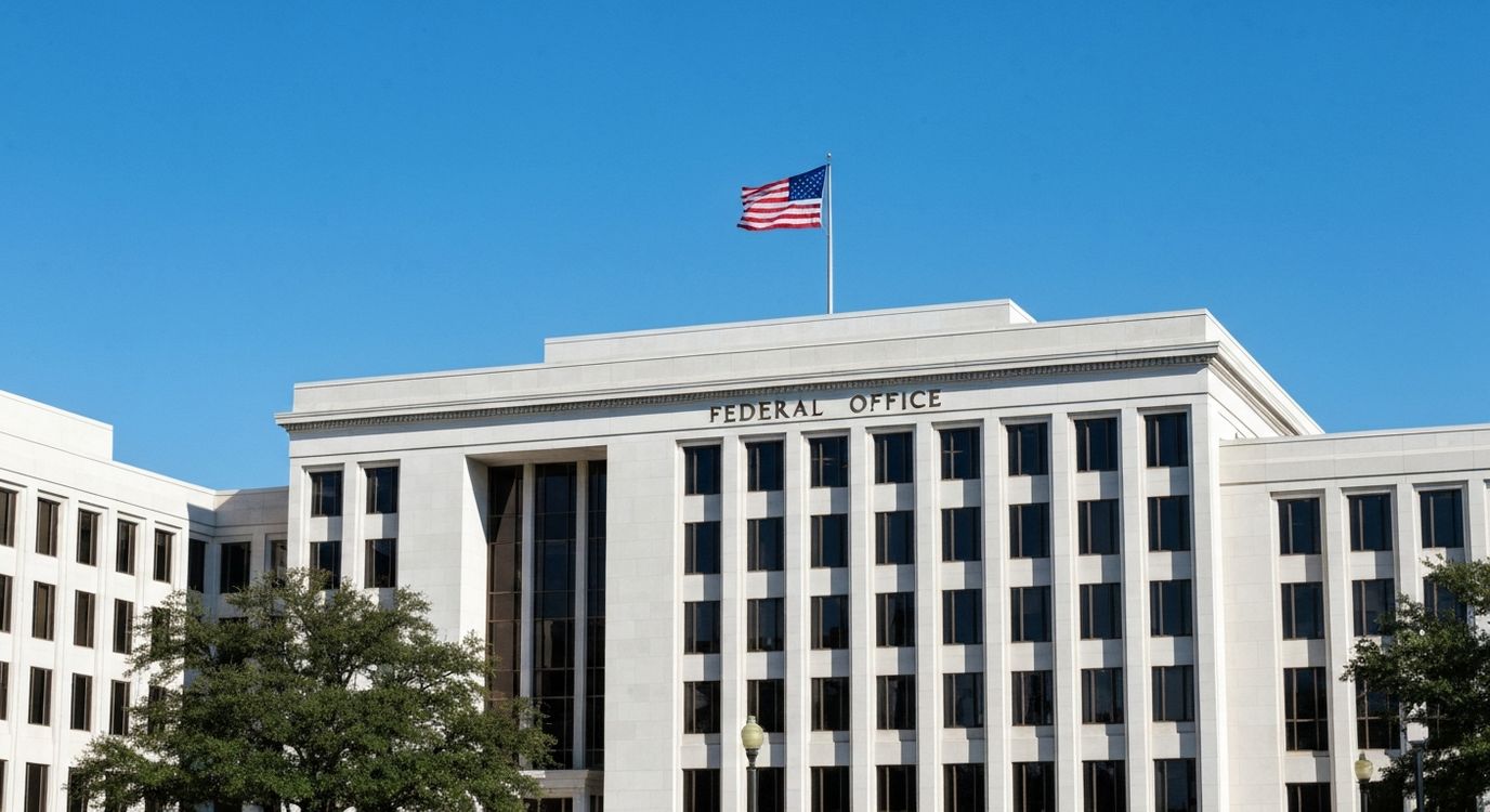 Professional government office building with American flag and federal architecture