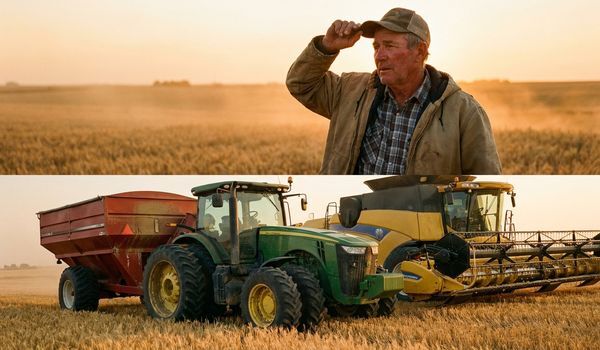 Farmer standing beside a grain cart, tractor, and combine harvester in a golden wheat field during harvest