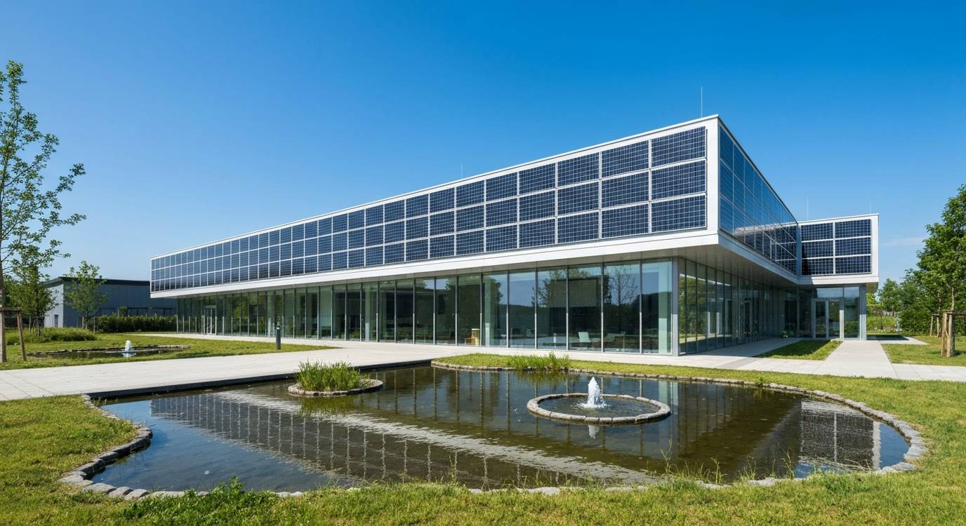 Modern eco-friendly business building with solar panels and sustainable architecture