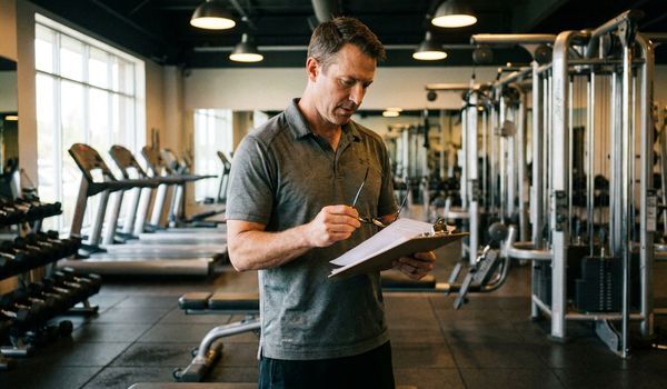 Gym owner reviewing financing paperwork on the floor of a modern fitness center with treadmills and strength equipment in the background