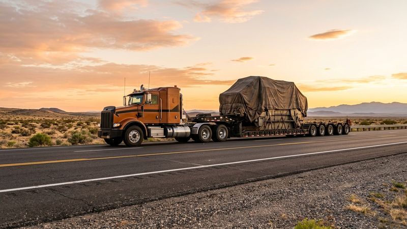 Heavy haul semi truck pulling a multi-axle lowboy trailer with tarped oversize industrial cargo on a desert highway at sunset