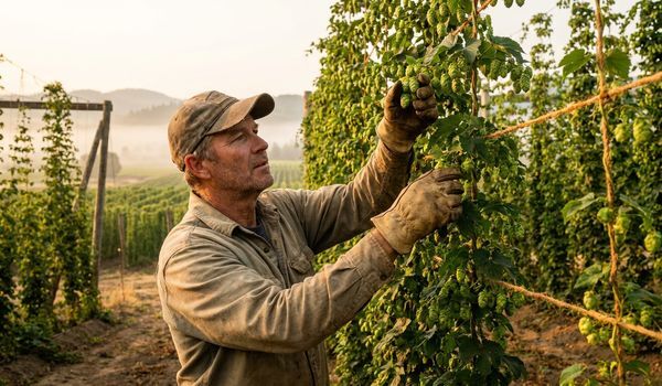 A hop farmer in a cap and work gloves inspecting green hop cones on tall bines in a commercial hop yard at sunrise