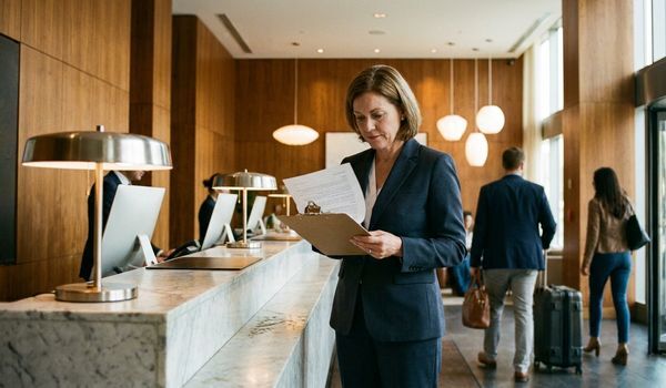Hotel manager reviewing occupancy reports in a modern hotel lobby - hotel and hospitality financing statistics 2026