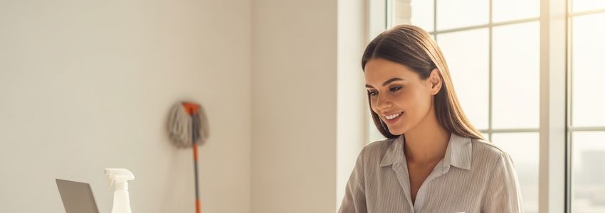 House cleaning business owner reviewing financing options with cleaning supplies in the background