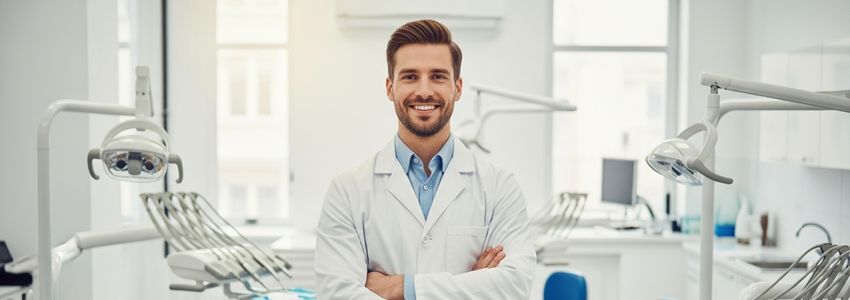 Dentist standing in modern dental office reviewing dental practice financing options
