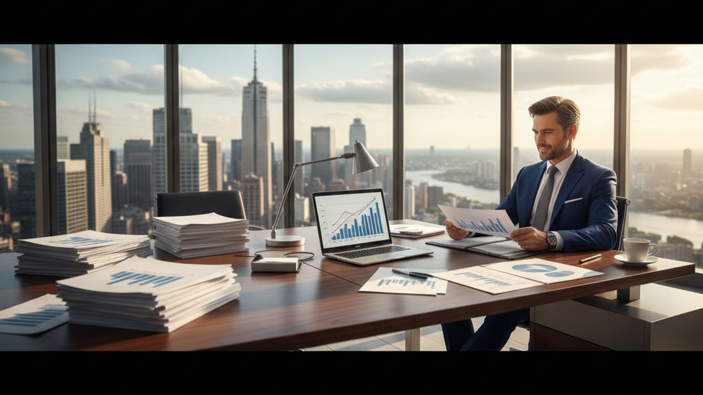 Business owner reviewing financial documents in a professional office setting for a larger business loan
