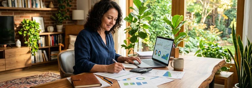 Self-employed contractor reviewing business loan documents at home office desk