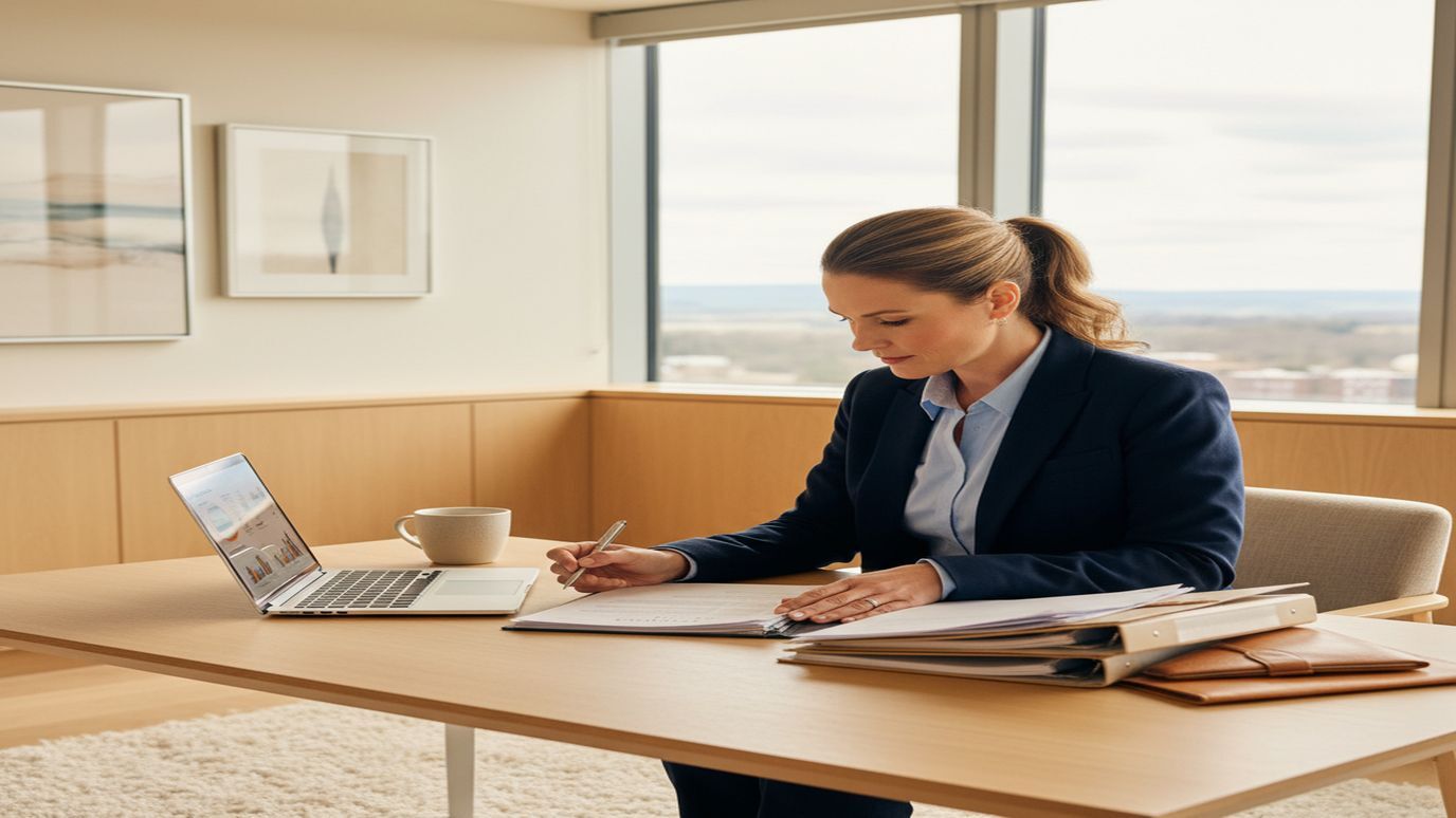 Indiana small business owner reviewing loan documents at a professional office desk