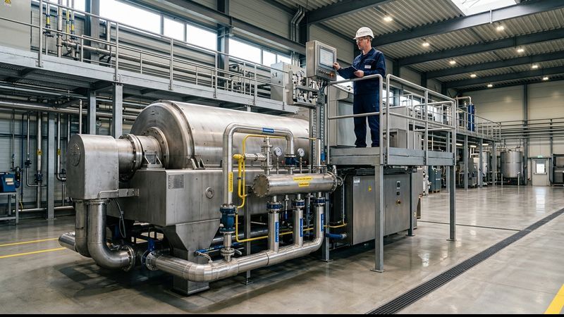 A technician in a hard hat inspecting a large industrial decanter centrifuge inside a modern processing facility