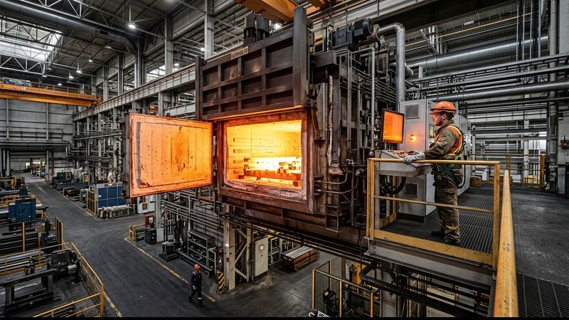 Industrial heat treating furnace glowing orange on a manufacturing plant floor while a worker in protective gear monitors the equipment