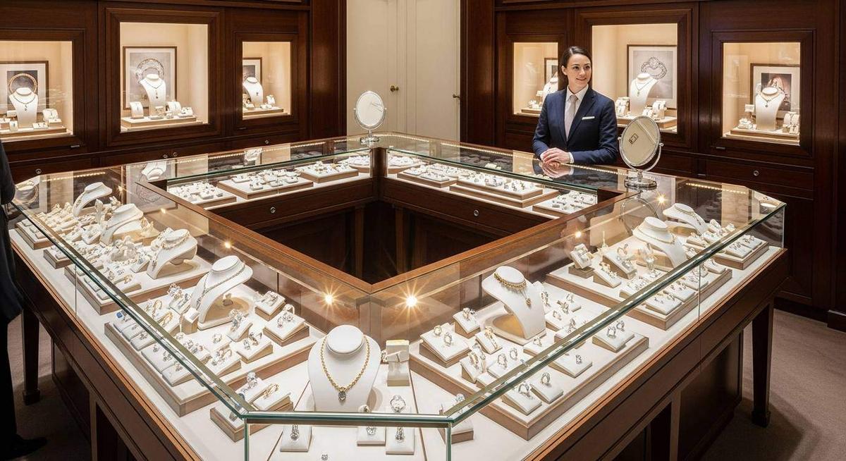 Upscale jewelry store showroom with illuminated display cases and professional sales associate