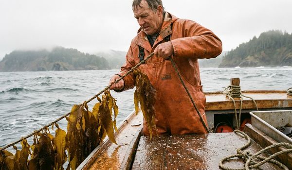 Kelp farmer in orange foul-weather gear hauling a longline of golden-brown kelp fronds on the deck of a small workboat